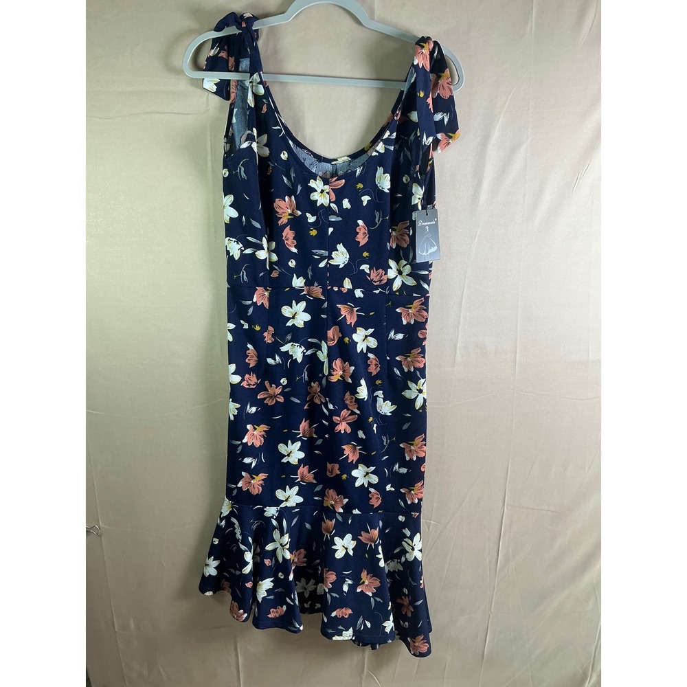 Drimmaks Navy‎ Floral Tie Shoulder V-Neck Ruffle Mermaid Midi Dress Womens M NEW